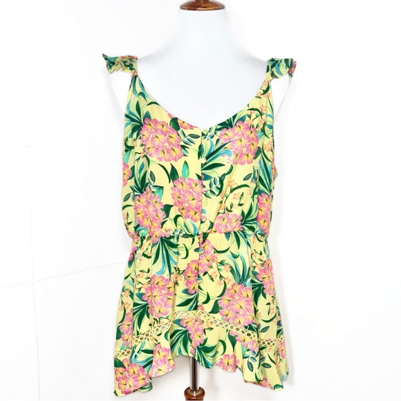 SOLD-Farm Rio Tropical Floral Ruffled Embroidered Peplum Yellow Pink Sleeveless - Picture 11 of 14